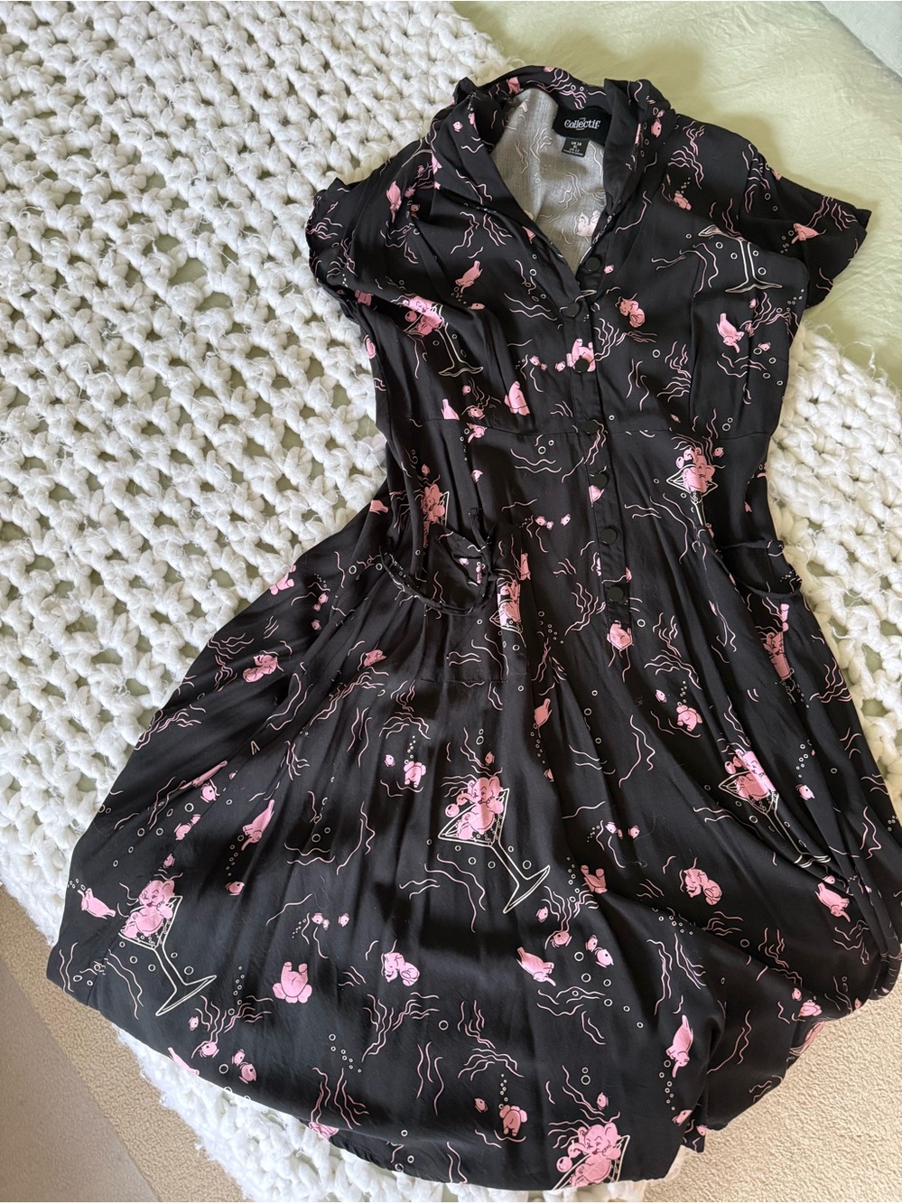 Size 12 | Black Patterned Fit Flare Midi Dress | ModCloth